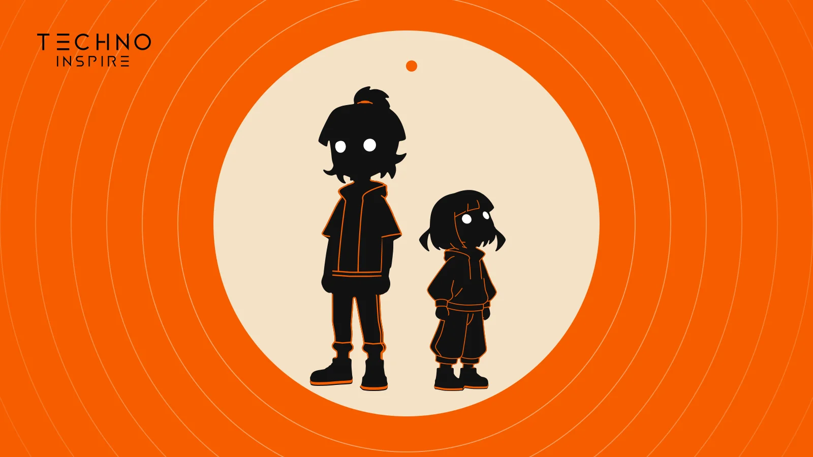 Ritsu e Mio de pé, silhuetas pretas com fio laranja, diante de um sol creme com anéis sobre fundo laranja