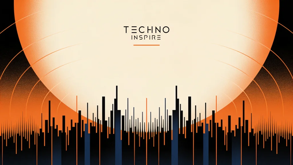 Barras de um espectro de áudio diante de um sol enorme, com o logo da Techno Inspire no centro