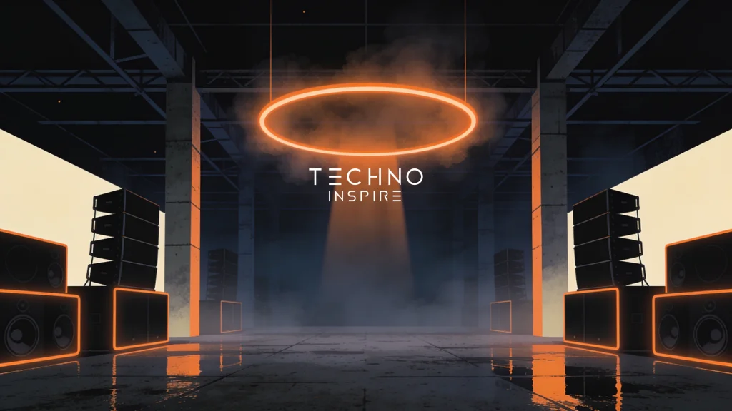 Clube vazio antes da festa, com um anel de luz laranja na fumaça e o logo da Techno Inspire