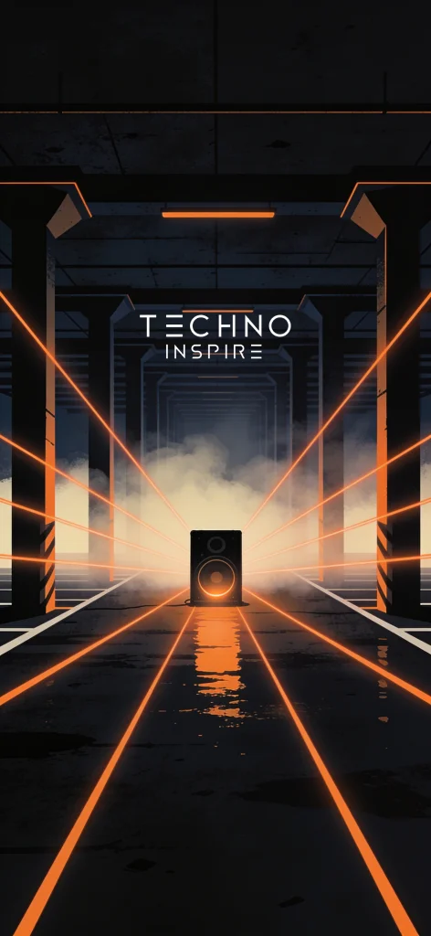 Lasers saem de uma caixa de som numa rave em estacionamento subterrâneo, com o logo da Techno Inspire