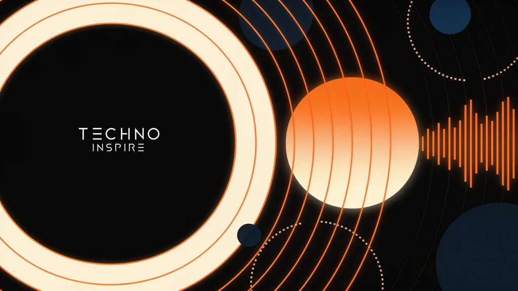 Anéis de som saindo de um círculo laranja, com o logo da Techno Inspire no círculo preto