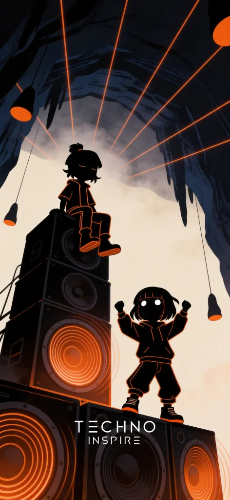 Ritsu sentado no alto de uma pilha de caixas de som numa rave em caverna, com Mio dançando embaixo