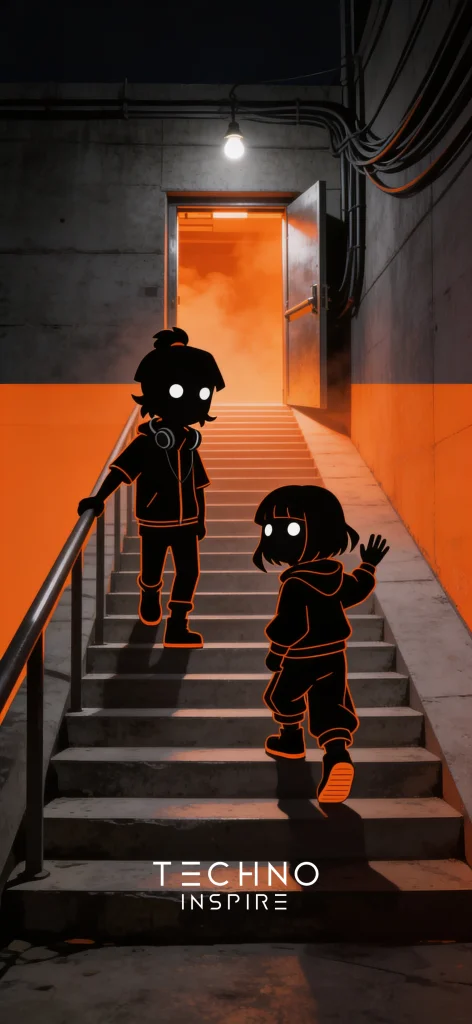 Ritsu e Mio sobem a escada até a porta de um clube que solta luz laranja