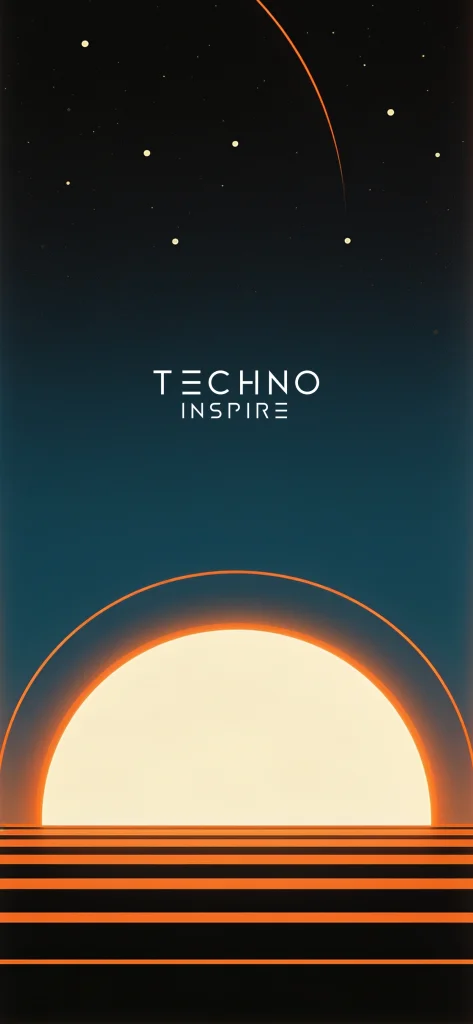Sol listrado nascendo num céu azul mar com estrelas, com o logo da Techno Inspire