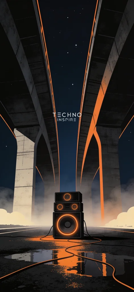 Caixa de som numa poça embaixo de um viaduto depois da chuva, com o logo da Techno Inspire