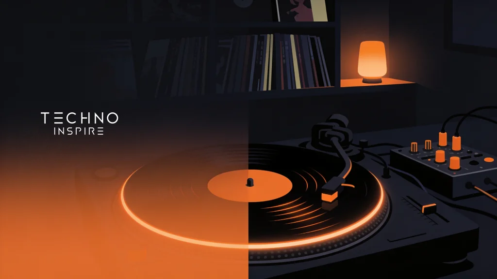 Toca-discos num porão escuro, com o logo da Techno Inspire à esquerda
