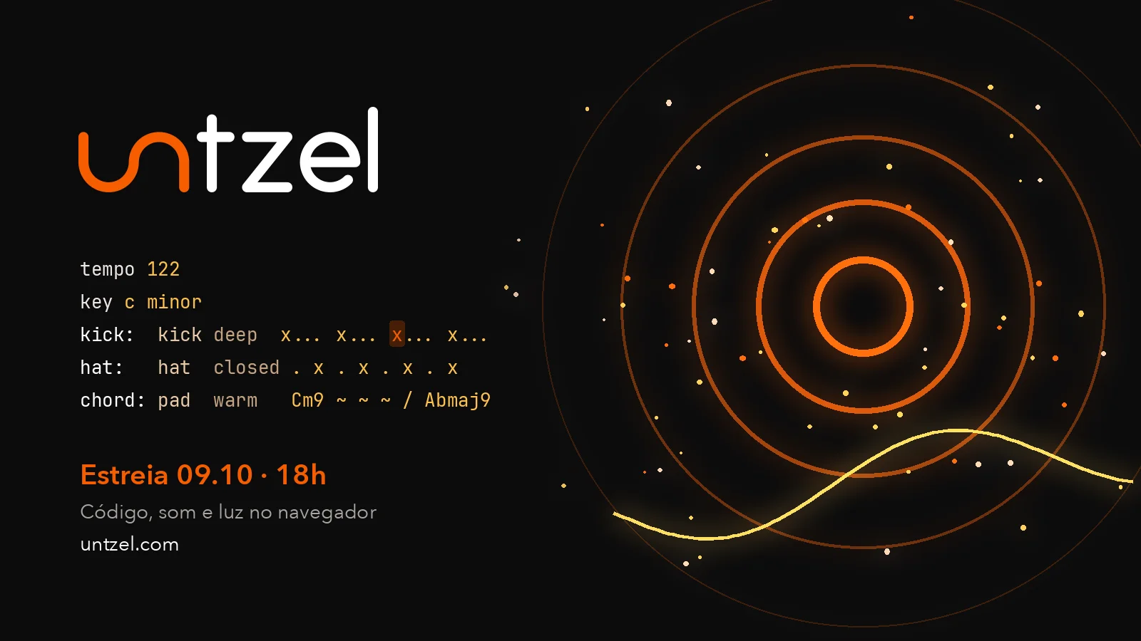 Logotipo do Untzel, linhas de código coloridas e anéis de luz laranja sobre fundo escuro